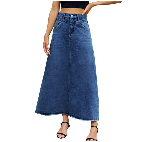 Felirenzacia Womens Casual Denim Long Skirt, Y2K High Waist Ankle Length Jean Skirt with Pockets Raw Hem, Wear to Work Skirt