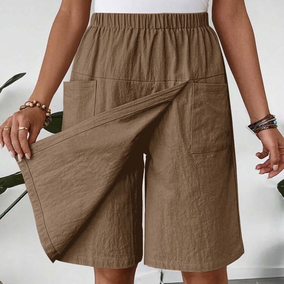 Felirenzacia Womens Casual Skorts High Waist Summer Linen Knee Lengh Shorts Solid Tennis Golf Beach Loose Trendy Skirt with Pockets,Brown,XL