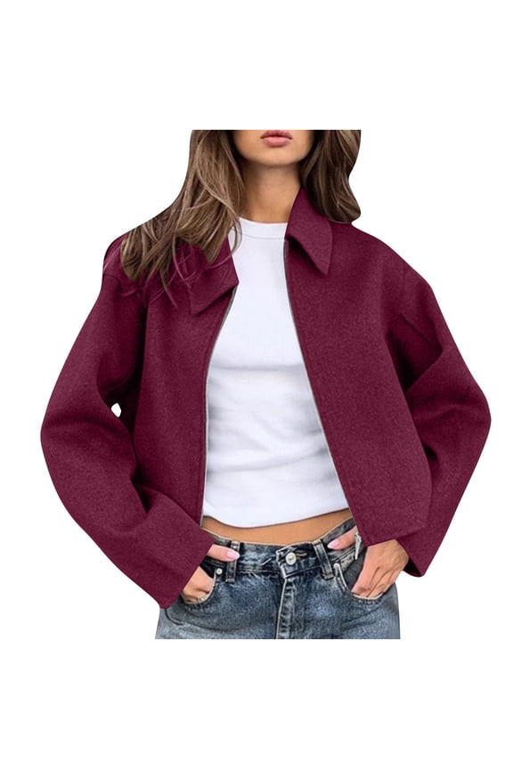 Womens Cropped Pea Coats Zip Up Short Casual Jackets Barn Fall Outerwear With Pockets