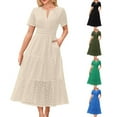 thumbnail image 1 of Felirenzacia Womens Elegant Tiered Eyelet Lace Long Work Casual Dress with Pockets, V Neck Short Sleeves Tappered Waist Flared Skirt, Wedding Guest Outfit, 1 of 6