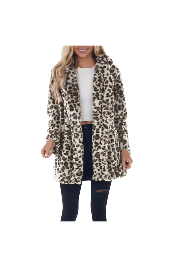 Womens Faux Fur Leopard Cardigan Fuzzy Jacket Winter Open Front Fleece Coat Eco Fur Outwear with Pockets