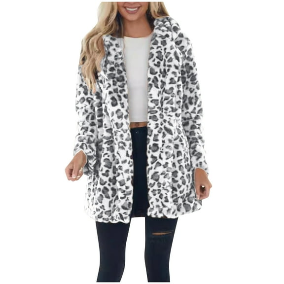 Felirenzacia Womens Faux Fur Leopard Cardigan Fuzzy Jacket Winter Open Front Fleece Coat Eco Fur Outwear with Pockets