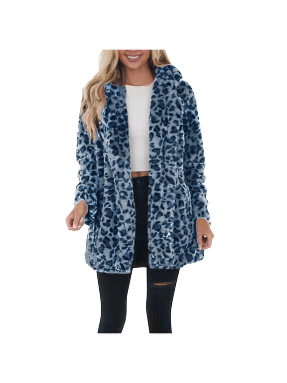 Womens Faux Fur Leopard Cardigan Fuzzy Jacket Winter Open Front Fleece Coat Eco Fur Outwear with Pockets