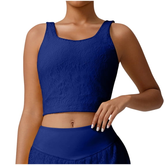 Felirenzacia Womens Lace Embroided Square Neckline Cropped Tank Top with Wide Strap, Athletic Short Sleeveless Yoga Top for Gym,Blue,L