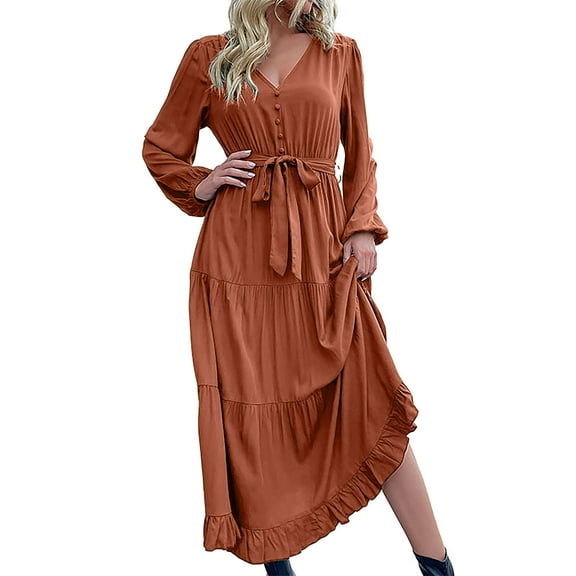 Felirenzacia Womens Long Sleeve Maxi Dress V Neck Flowy Ruffle Dress for Fall
