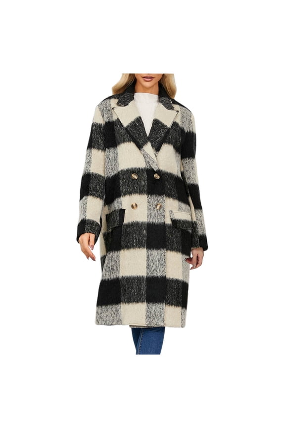 Womens Notched Lapel Collar Double Breasted Plaid Pea Coat Winter Wool Blend Over Coats Long Jackets