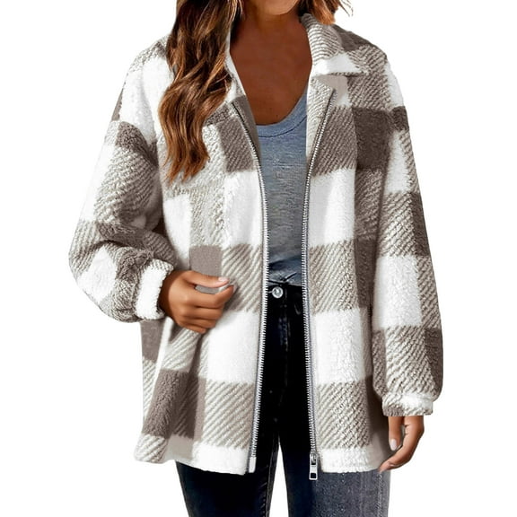 Felirenzacia Womens Plaid Shacket Jacket Long Sleeve Zip Up Fleece Jackets Warm Coat