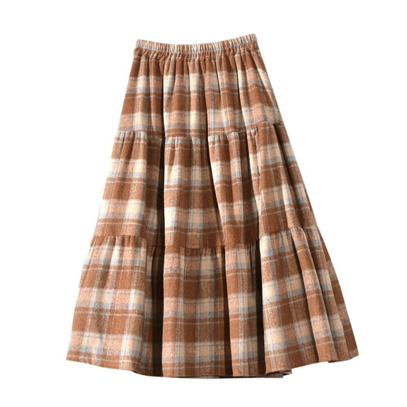 Felirenzacia Womens Plaid Wool Long Skirts Elastic Waist A-Line Pleated Tartan Mid Length Skirts