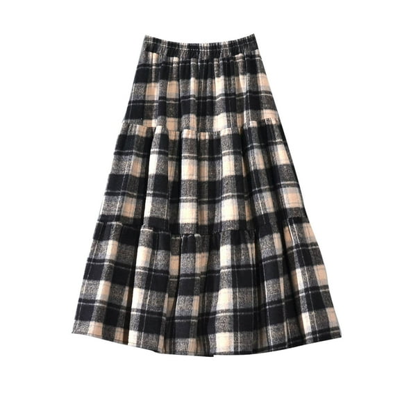 Felirenzacia Womens Plaid Wool Long Skirts Elastic Waist A-Line Pleated Tartan Mid Length Skirts