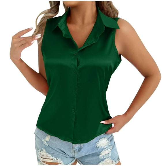 Felirenzacia Womens Sleeveless Satin Button Down Shirt, Collared Dressy Blouse for Summer Casual Work Office Tops,S-3XL ,Green,XL