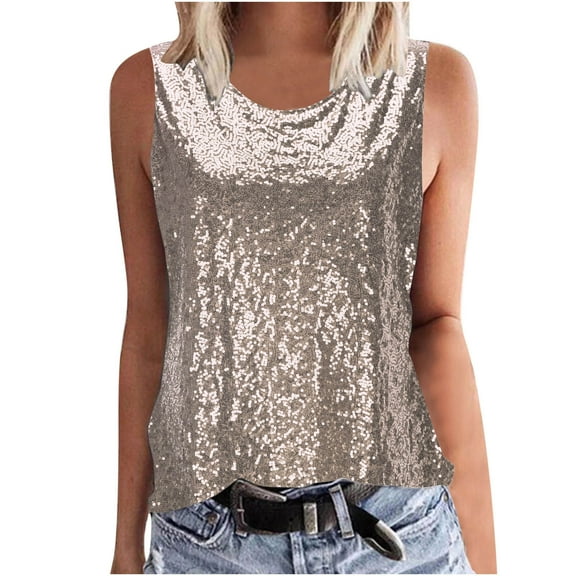 Felirenzacia Womens Sleeveless Sequin Tank Top Sparkly Glitter Crew Neck Wide Strap Party Night Out Blouse, Beige,L (8)
