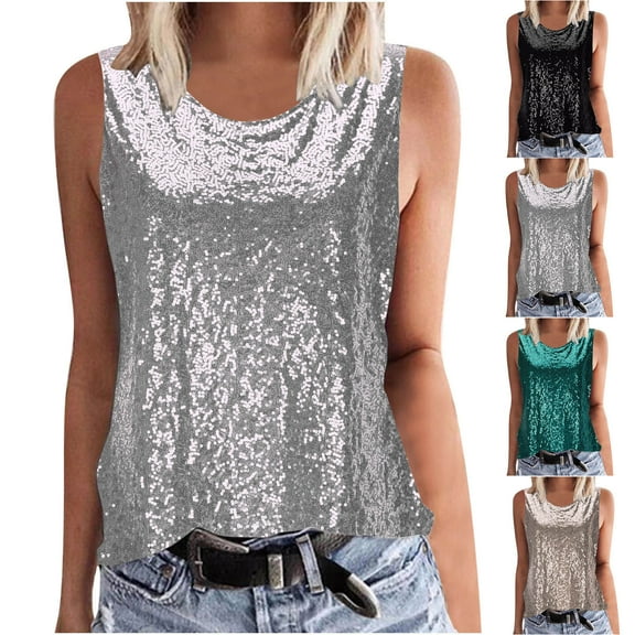 Felirenzacia Womens Sleeveless Sequin Tank Top Sparkly Glitter Crew Neck Wide Strap Party Night Out Blouse, Silver,L (8)