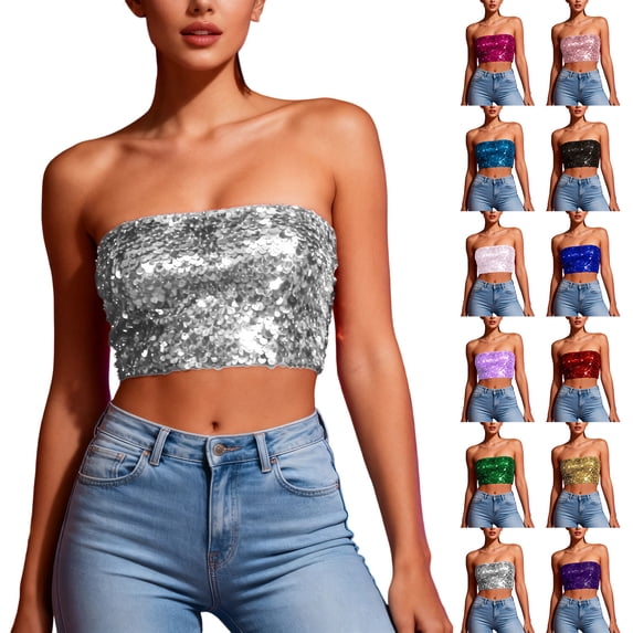 Felirenzacia Womens Strapless Cropped Bandeau Tube Tops Classic Sleeveless Going Out Carnival Mardi Gras Sequins Top, Silver,Free Size