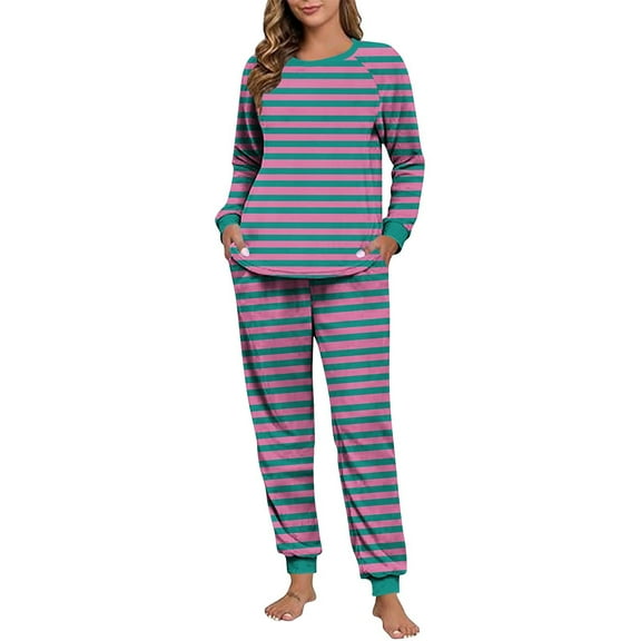 Felirenzacia Womens Striped Pajama Sets with Pockets, Fleece Lined Long Sleeve Shirts with Cuffed Full Pants, Winter Warm Thermal Undershirts, Cozy Casual Longewear