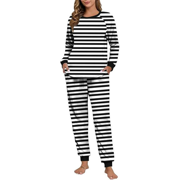 Felirenzacia Womens Striped Pajama Sets with Pockets, Fleece Lined Long Sleeve Shirts with Cuffed Full Pants, Winter Warm Thermal Undershirts, Cozy Casual Longewear