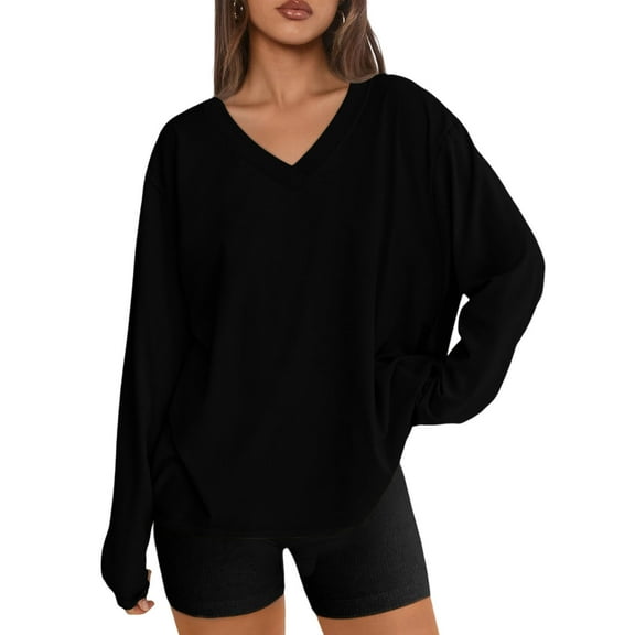 Felirenzacia Womens V Neck Long Sleeved Pullover Tops, No Boundaries Casual Loose Sweatshirts, Soft Lightweight Undershirts, Lounge Wear for Women, Size: S-2XL