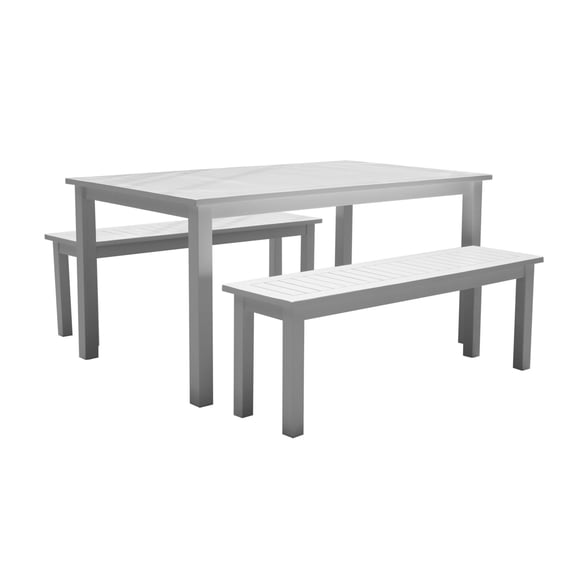 Benjara Felix 3 Piece Modern Dining Set, Crisp White Acacia Wood Frame, 6 Seater