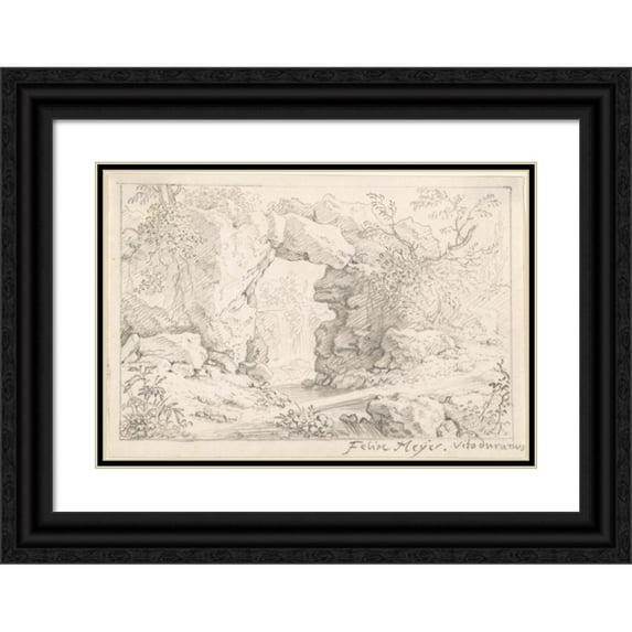Felix Meyer 18x14 Black Ornate Wood Framed Double Matted Museum Art Print Titled - Landscape with a Natural Arch and a Waterfall (17th-Early 18th Century)