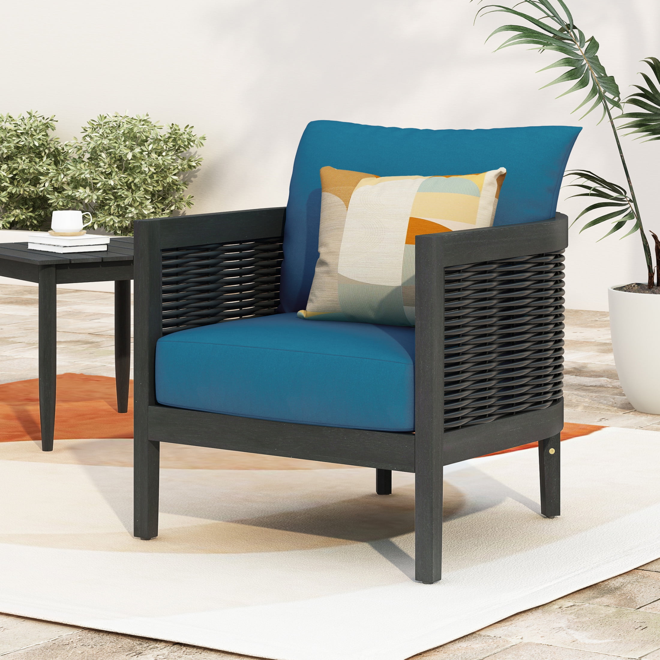 Felix Outdoor Patio Club Chair, Acacia Wood Wicker Armchair with Cushions, Black+Dark Teal