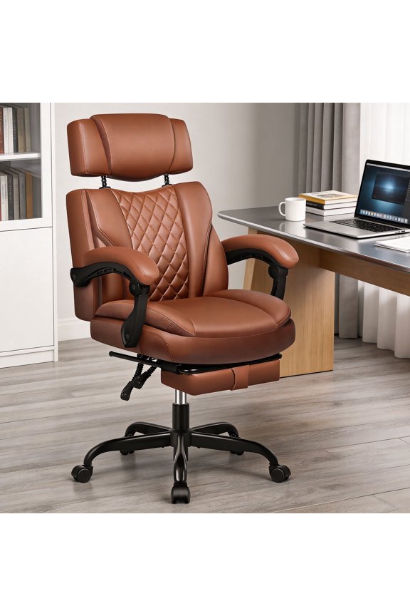 Ergonomic Office Chair with Adjustable Headrest Executive Leather Desk Chair with Flip Up Arms, Comfy Computer Chair with Lumbar Support & Rocking Function for Home Office