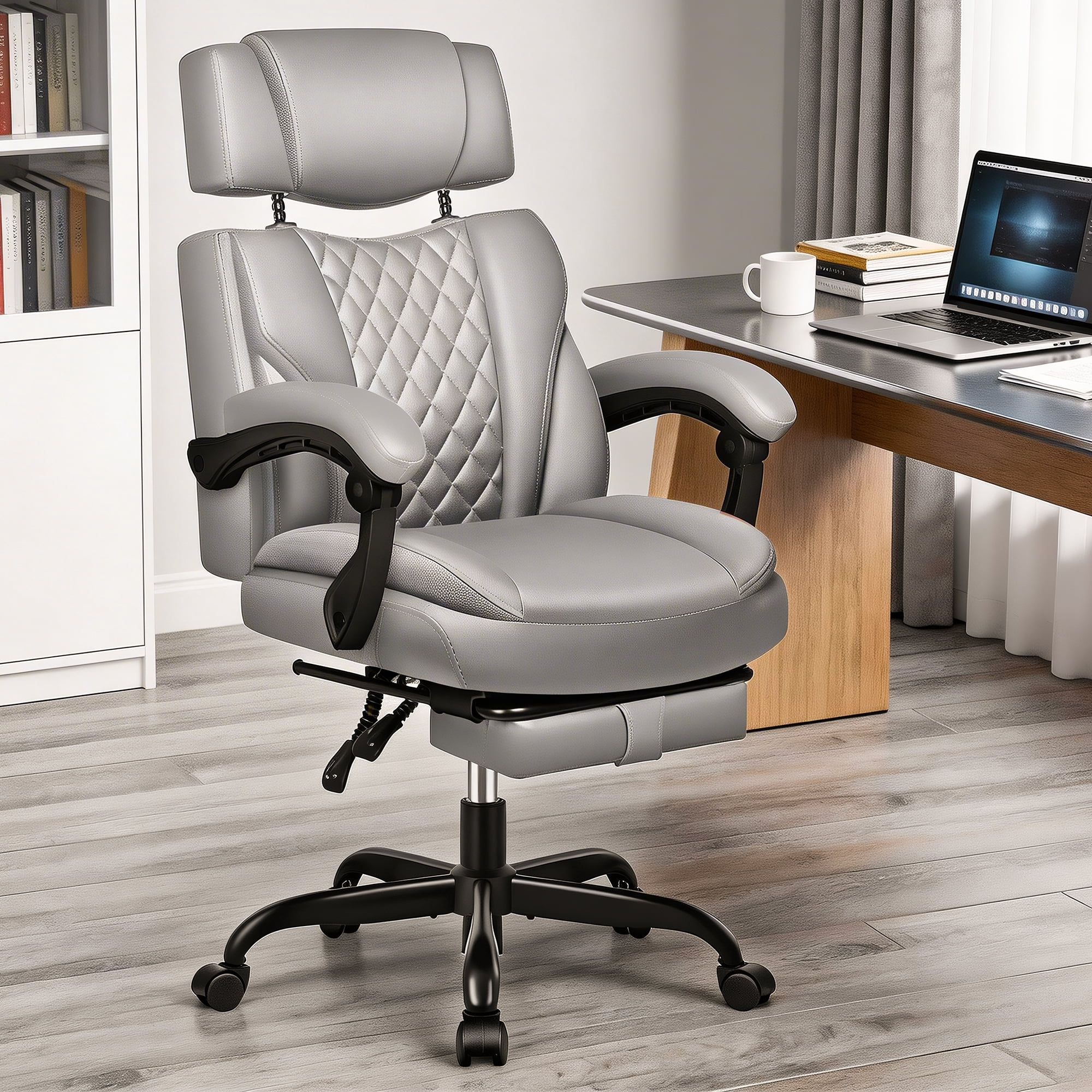 FelixKing Ergonomic Office Chair with Adjustable Headrest Executive Leather Desk Chair with Flip Up Arms, Comfy Computer Chair with Lumbar Support & Rocking Function for Home Office
