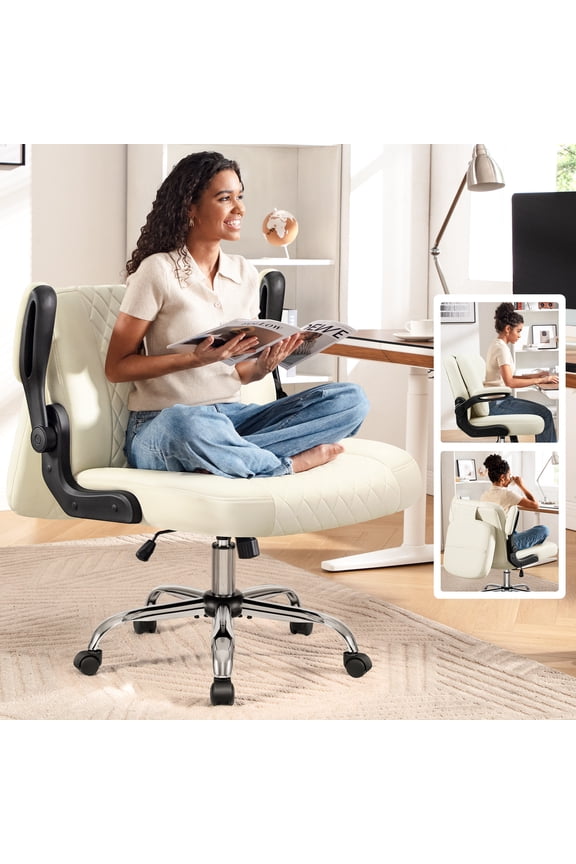 Ergonomic Criss Cross Office Chair - 2-in-1 Flip Backrest, Adjustable Height, 360° Swivel, Flip-Up Arms & Extra-Wide PU Leather Seat, Ideal for Home Office, Vanity, Nail Salon, White