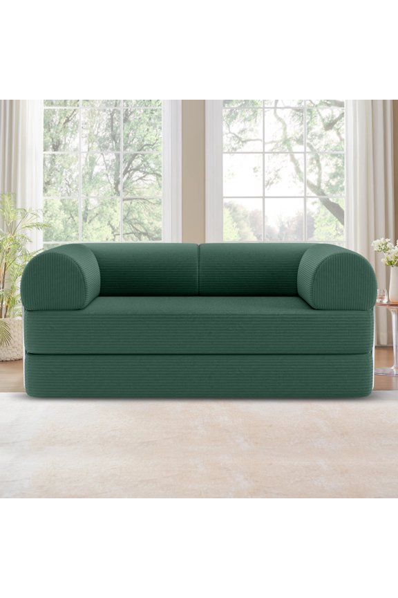 Folding Sofa Bed, Convertible Corduroy Sleeper Sofa with Stainless Steel Frame, High Density Foam Floor Couch for Living Room, Green