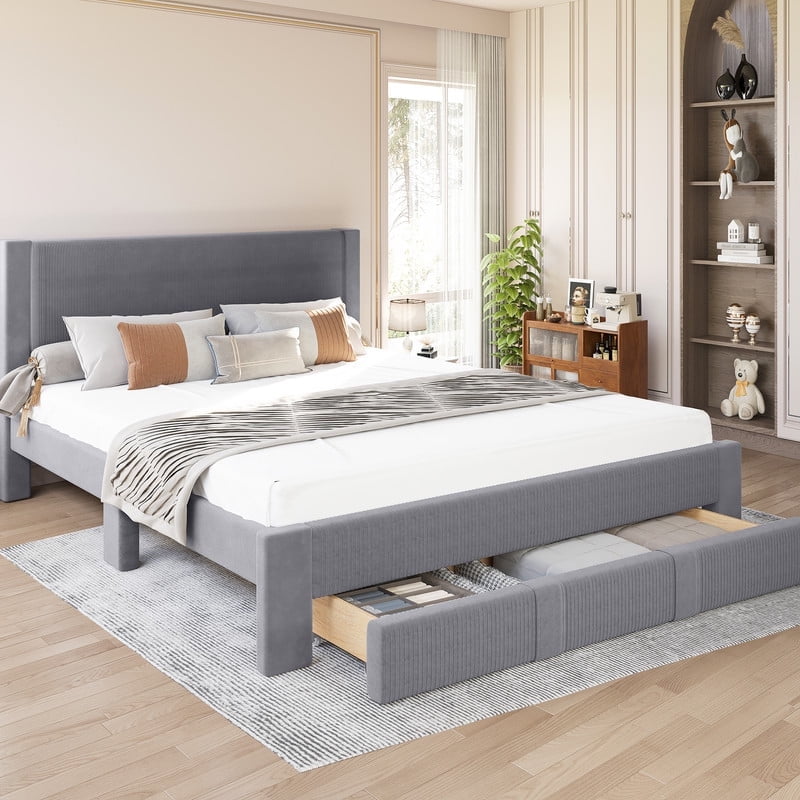HOMCOM Queen Platform Bed Frame With Headboard & 4 Storage Drawers - Upholstered, Light Gray, No Box Spring Needed