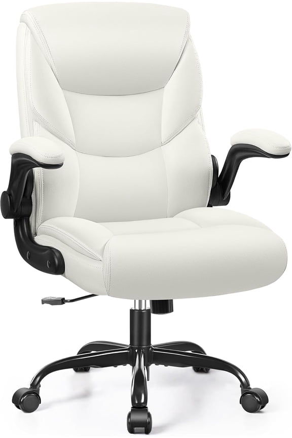 Leather Office Chair, Small PU Ergonomic Desk Chair, Comfy Computer Chair with Wheels and Flip-up Armrests, Adjustable Height Mid Back Executive Office Chair for Short People-White