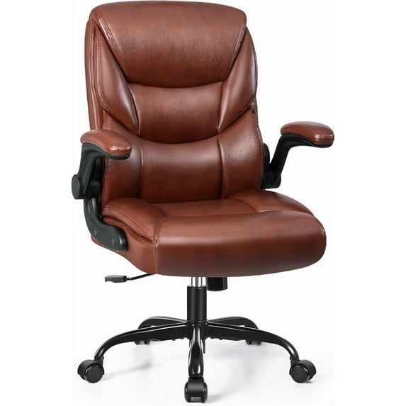FelixKing Leather Office Chair, Small PU Ergonomic Desk Chairs, Comfy Computer Chair with Wheels and Flip-up Armrests, Adjustable Height Mid Back Executive Office Chairs for Short People - Brown