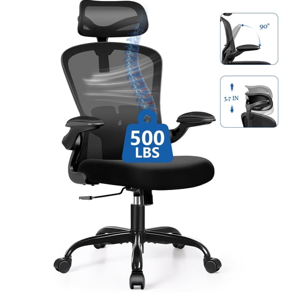FelixKing Office Chair Ergonomic Desk Chair with Adjustable Lumbar Support and Wheels, High Back Computer with Headrest,Executive Swivel Comfy with flip-up Armrests for Home Office,500LBS,Black
