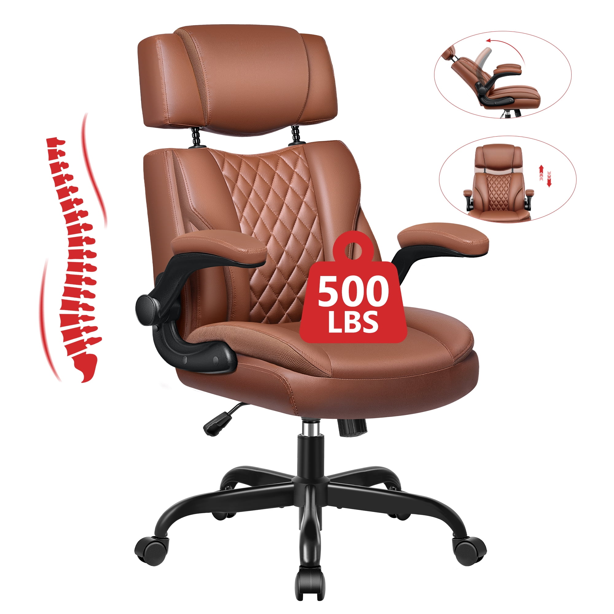 FelixKing Big and Tall  Office Chair, Leather Recliner, Adjustable Armrests on Desk Chairs , 500 LBS Weight Capacity, Adjustable Backrest/Headrest,BROWN