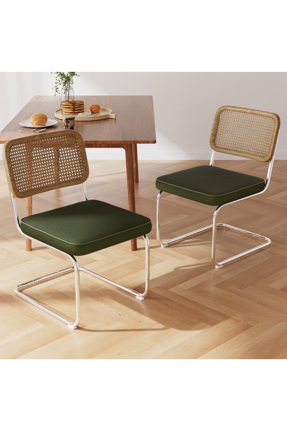 Rattan Dining Chair 2PC, Mid Century Cantilever Corduroy Fabric Desk Chair with Sturdy Chrome Metal Frame, 300lbs Accent Chair, Green