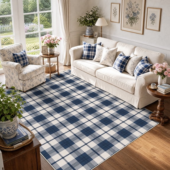 Felixking 6'x9' Area Rugs for Living Room Bedroom Modern Classic Plaid Tartan Beige Rug Machine Washable Non-Slip for Bedroom Blue