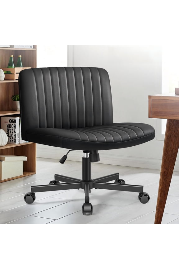 Armless Office Chair, Leather Desk Chair with 20° Rocking, Swivel Cross Legged Vanity Chair Ribbed Task Computer Chair for Home Office, Black