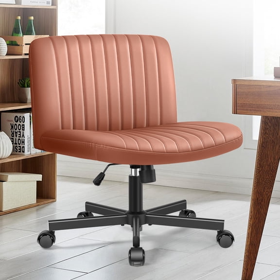 Felixking Armless Office Chair, Leather Desk Chair with 20° Rocking, Swivel Cross Legged Vanity Chair Ribbed Task Computer Chair for Home Office, Brown