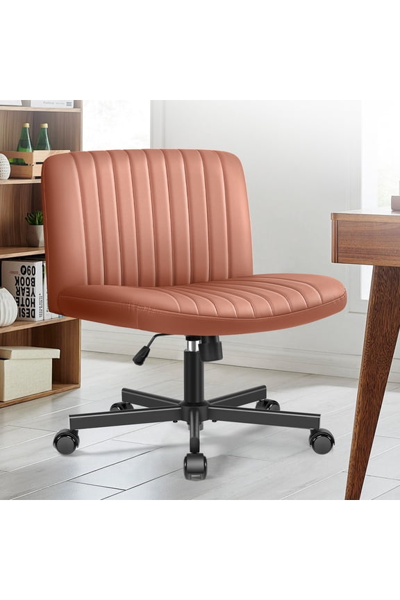 Armless Office Chair, Leather Desk Chair with 20° Rocking, Swivel Cross Legged Vanity Chair Ribbed Task Computer Chair for Home Office, Brown