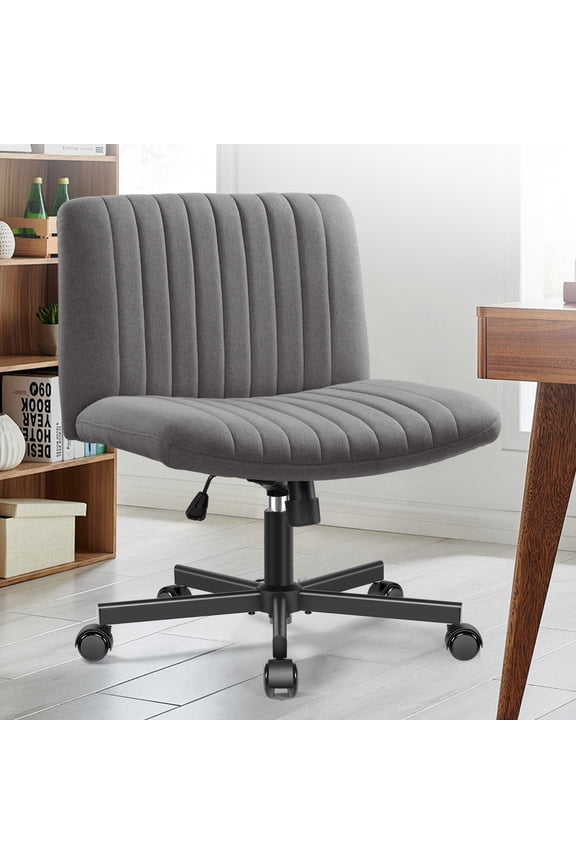 Armless Office Chair, Leather Desk Chair with 20° Rocking, Swivel Cross Legged Vanity Chair Ribbed Task Computer Chair for Home Office, Gray
