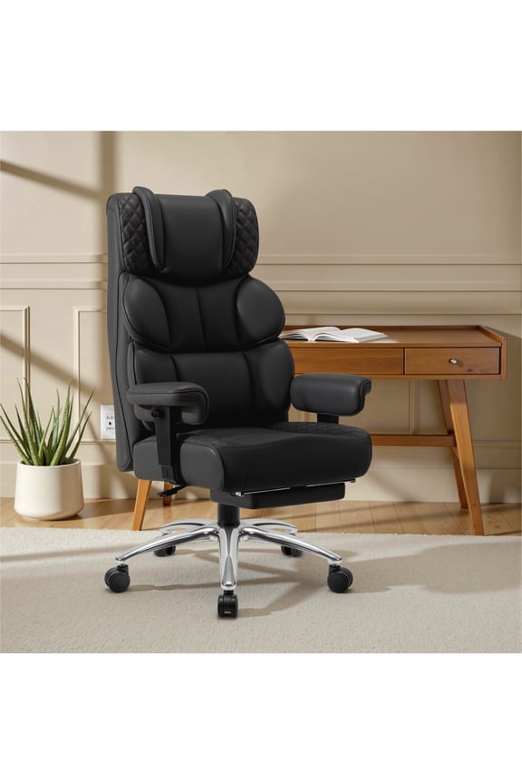Big and Tall Office Chair 400lbs, Ergonomic Leather Desk Chair with Footrest, 5.5" Extra Thick Cushion Swivel Executive Task Chair, Black