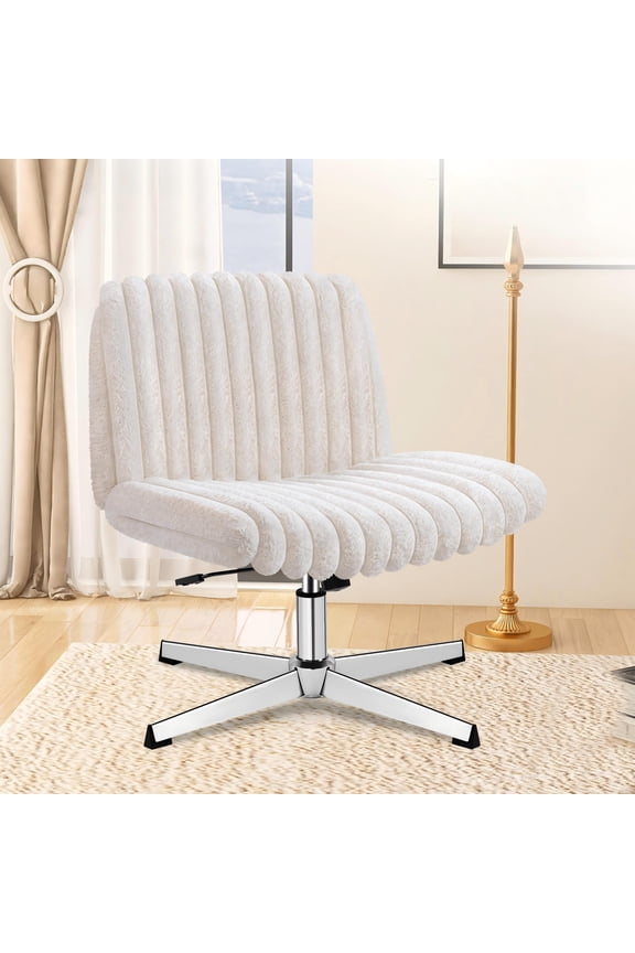 Faux Fur Office Chair, Armless Cute Desk Chair with 20 Rocking, Swivel Vanity Chair Velvet Ribbed Task Chair for Bedroom Living Room, Beige