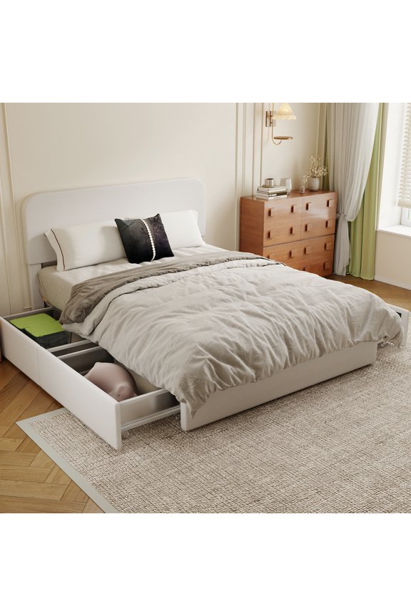 Full Size Platform Bed Frame with 4 Drawers, Embedded Design Wooden Slats Support, Heavy Duty 800lbs Upholstered Bed, Easy Assembly