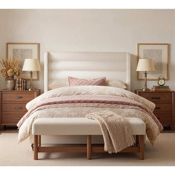 Felixking King Size Platform Bed Frame with Side Tables, Rounded Headboard Wooden Slats Support, Heavy Duty 1000lbs Upholstered Bed, Easy Assembly