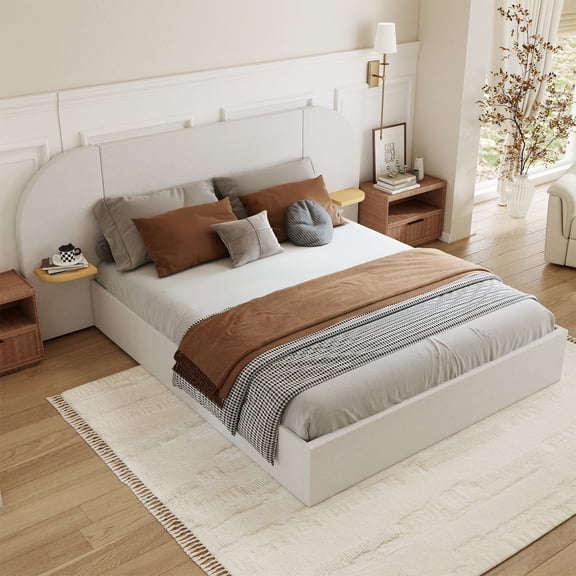 Felixking King Size Platform Bed Frame with Side Tables, Rounded Headboard Wooden Slats Support, Heavy Duty 1000lbs Upholstered Bed, Easy Assembly
