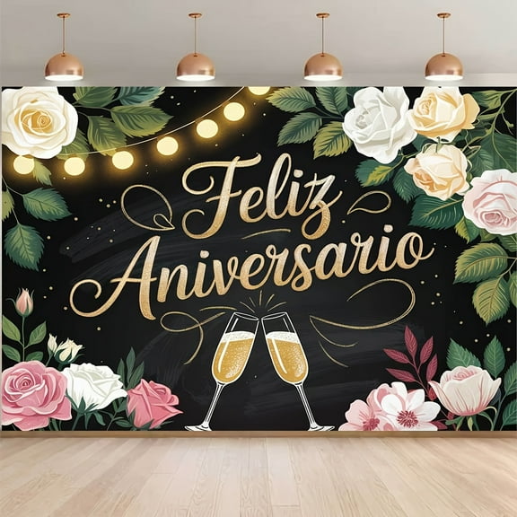 Feliz Aniversario Backdrop Mexican Champagne Glasses Happy Anniversary Photography Background Greenery Rose Golden Glitter Cheers to Wedding Anniversary Party Decorations Banner Photo Booth Props