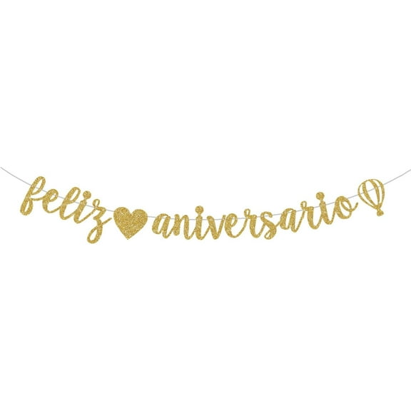Feliz Aniversario Golden Banner for Happy Birthday Wedding Anniversary Party Decorations Spanish Fiesta Mexican Theme Sign Photo Backdrop (Pre-Strung)