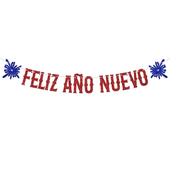 Feliz Anos Nuevo Banner - Spanish 2024 New Year's Eve Party Bunting Sign, Hello 2024, Cheers to 2024, Welcome 2024 Party Decorations Supplies, Blue and Red Glitter