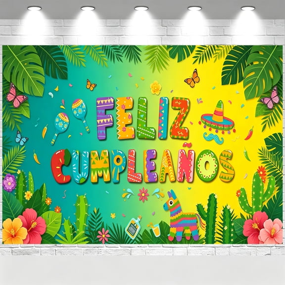 Feliz Cumpleaños Backdrop Tropical Jungle Mexican Fiesta Banner Butterfly Cactus Flower Mexican Fiesta Birthday Party Decorations Background