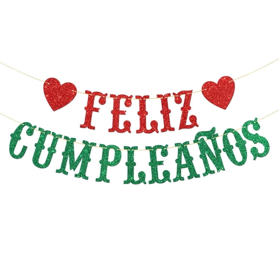 Feliz Cumpleaos Banner - Boy Girl Kid Adult Spanish Happy Birthday Party Garland Supplies - Fiesta Birthday Anniversary Party Decorations - Green Red Glitter