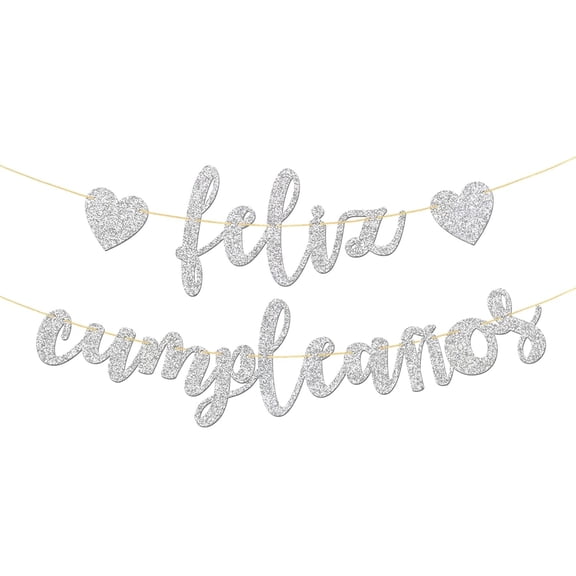 Feliz Cumpleaos Banner - Boy Girl Kid Adult Spanish Happy Birthday Party Garland Supplies - Fiesta Birthday Anniversary Party Decorations - Silver Glitter