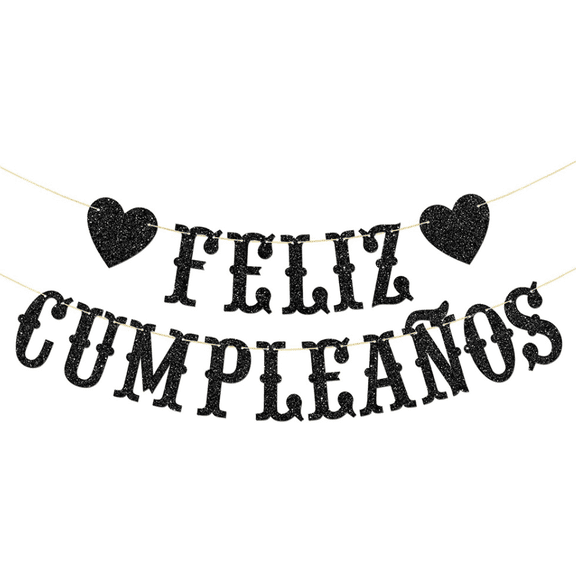 Feliz Cumpleaos Black Glitter Banner, Spanish Happy Birthday Party Decoration with Heart Accents